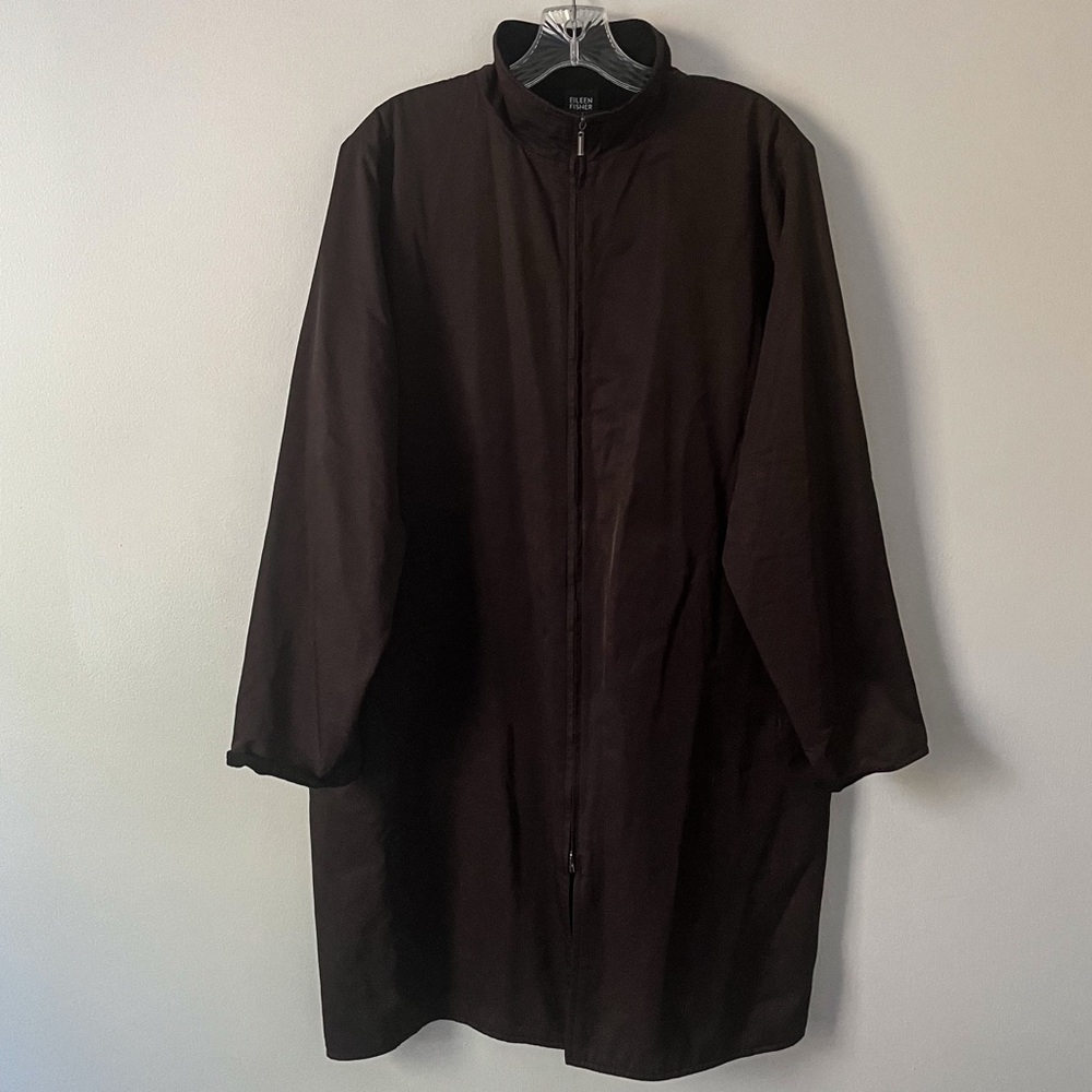 Eileen Fisher Full Zip Long Wool Lined Stand Collar Coat Chocolate Brown M